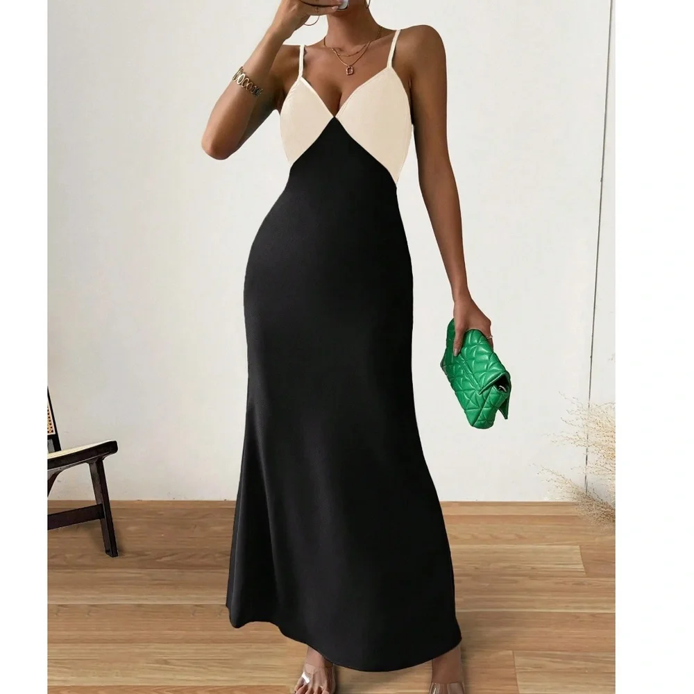 Colorblock Plunging Neck Zipper Cami Strap Slip Maxi Dress - Picture 4 of 7